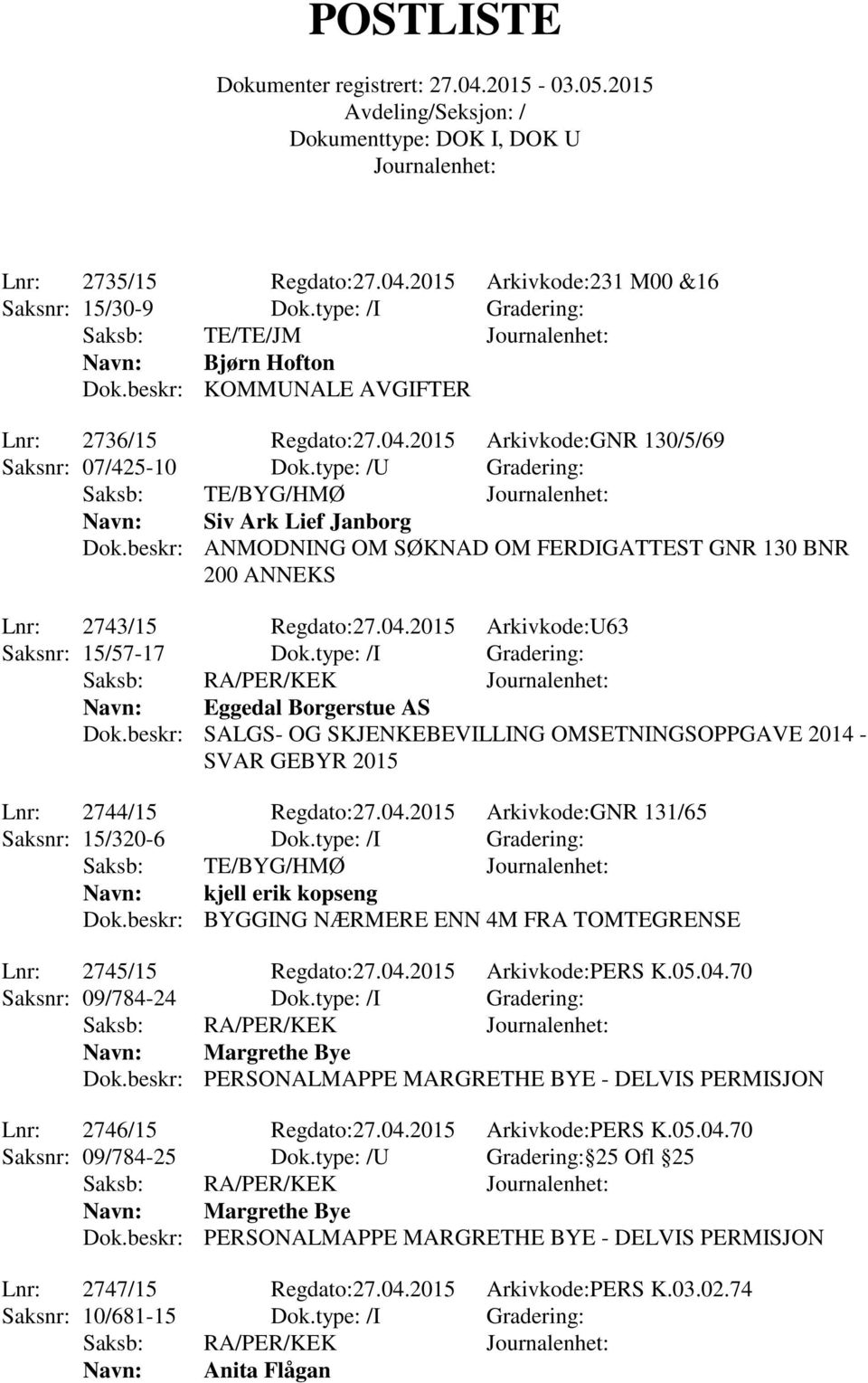 type: /I Gradering: Saksb: RA/PER/KEK Navn: Eggedal Borgerstue AS Dok.beskr: SALGS- OG SKJENKEBEVILLING OMSETNINGSOPPGAVE 2014 - SVAR GEBYR 2015 Lnr: 2744/15 Regdato:27.04.