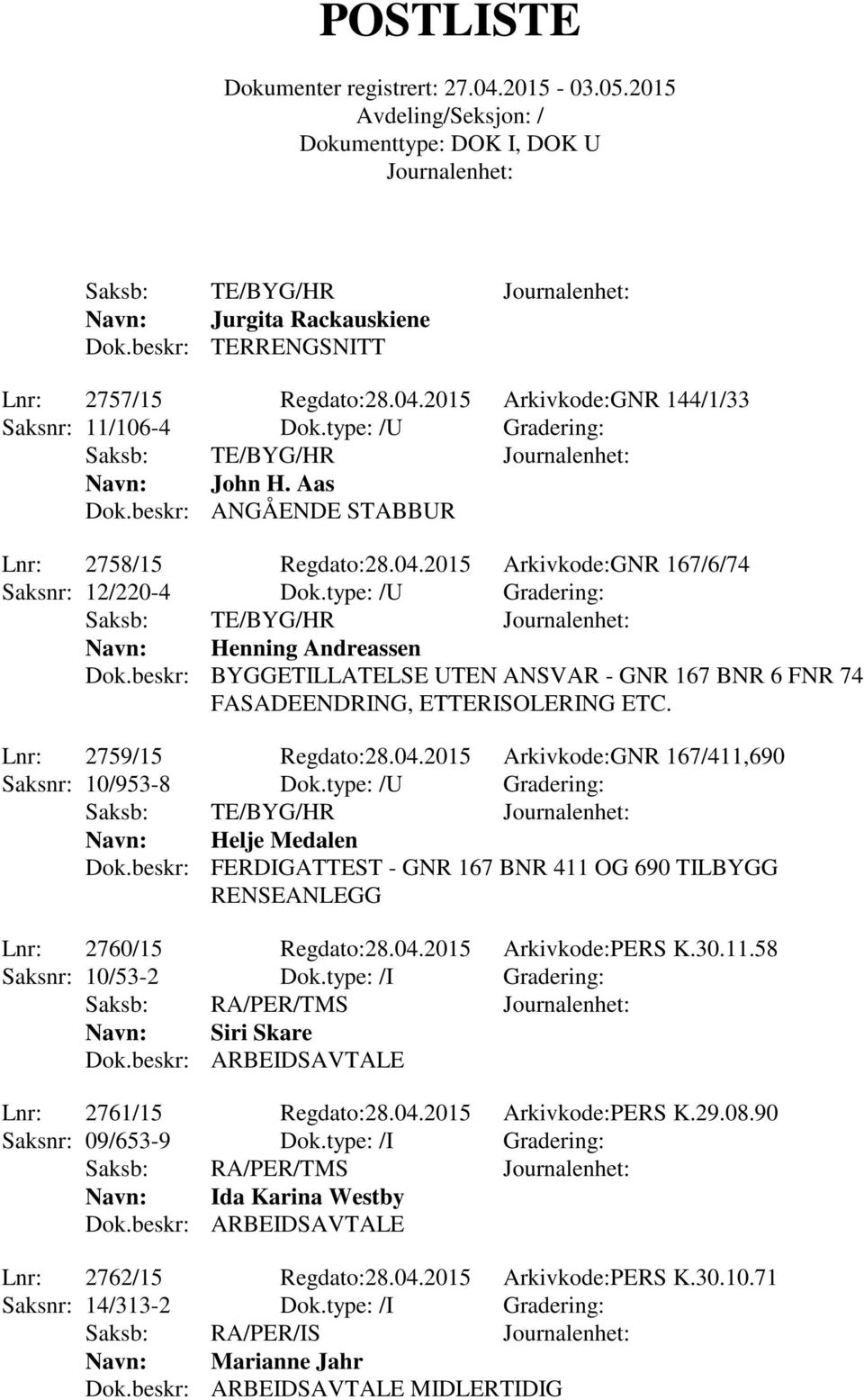 beskr: BYGGETILLATELSE UTEN ANSVAR - GNR 167 BNR 6 FNR 74 FASADEENDRING, ETTERISOLERING ETC. Lnr: 2759/15 Regdato:28.04.2015 Arkivkode:GNR 167/411,690 Saksnr: 10/953-8 Dok.