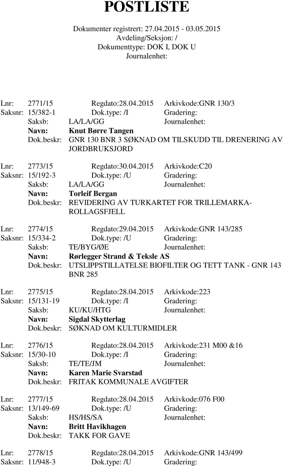 beskr: REVIDERING AV TURKARTET FOR TRILLEMARKA- ROLLAGSFJELL Lnr: 2774/15 Regdato:29.04.2015 Arkivkode:GNR 143/285 Saksnr: 15/334-2 Dok.