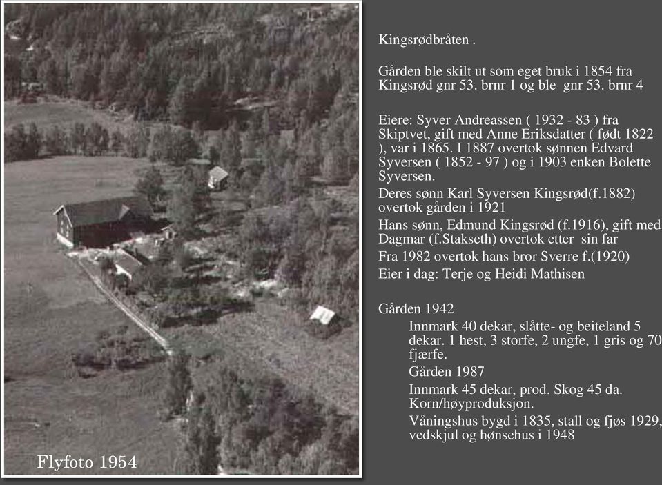 Deres sønn Karl Syversen Kingsrød(f.1882) overtok gården i 1921 Hans sønn, Edmund Kingsrød (f.1916), gift med Dagmar (f.stakseth) overtok etter sin far Fra 1982 overtok hans bror Sverre f.