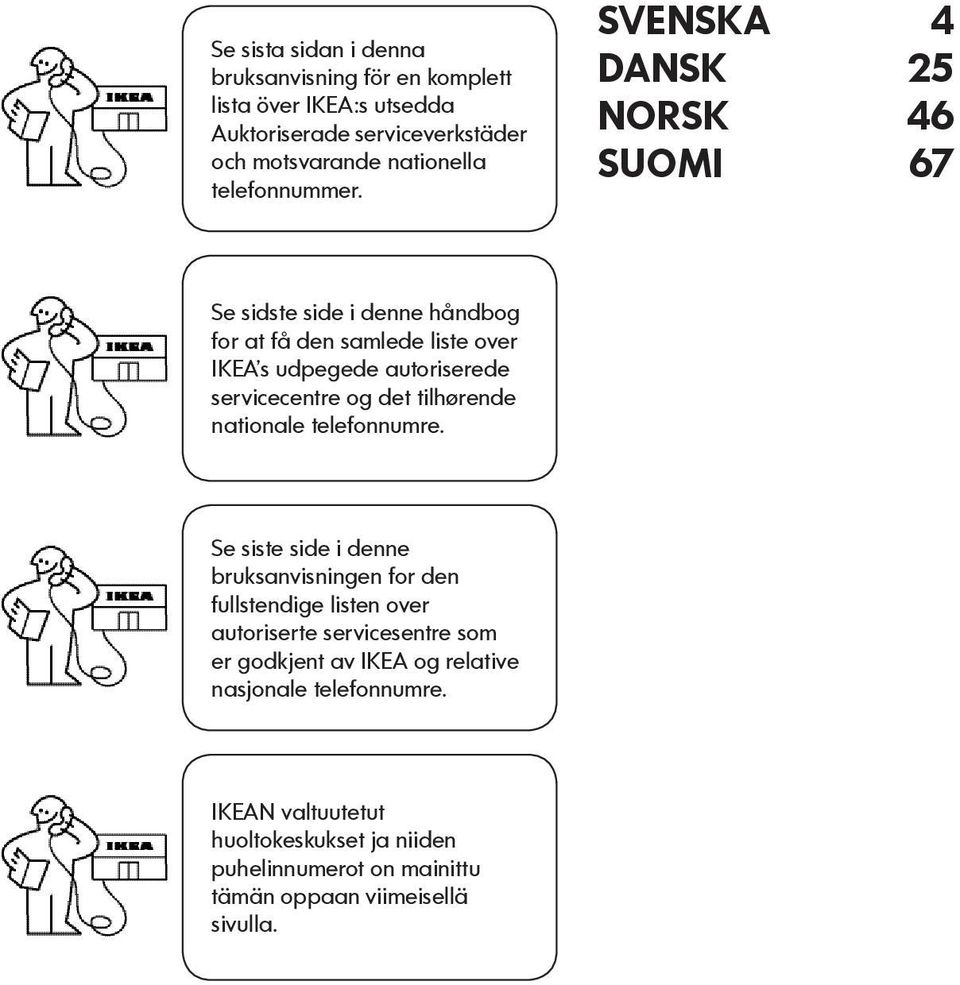 SVENSKA 4 DANSK 25 NORSK 46 SUOMI 67 Se sidste side i denne håndbog for at få den samlede liste over IKEA s udpegede autoriserede servicecentre og det