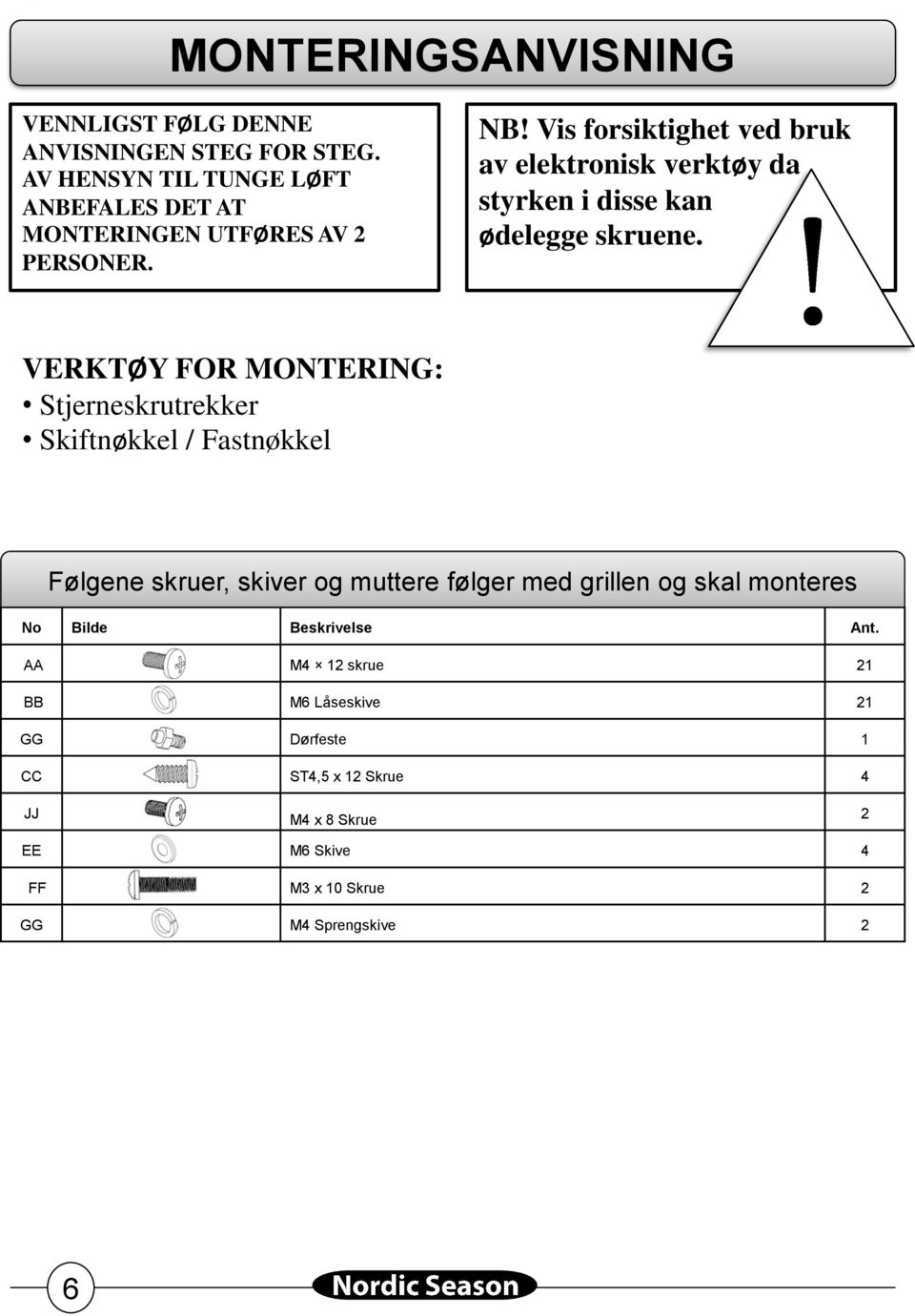 Vis forsiktighet ved bruk av elektronisk verktøy da styrken i disse kan ødelegge skruene.