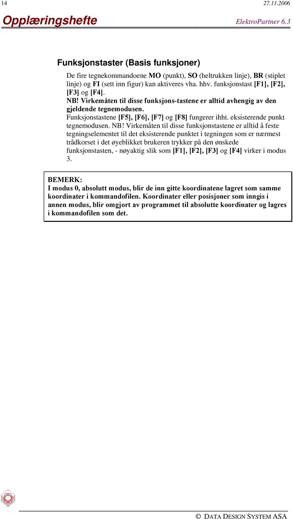 funksjonstast [F1], [F2], [F3] og [F4]. NB! Virkemåten til disse funksjons-tastene er alltid avhengig av den gjeldende tegnemodusen. Funksjonstastene [F5], [F6], [F7] og [F8] fungerer ihht.