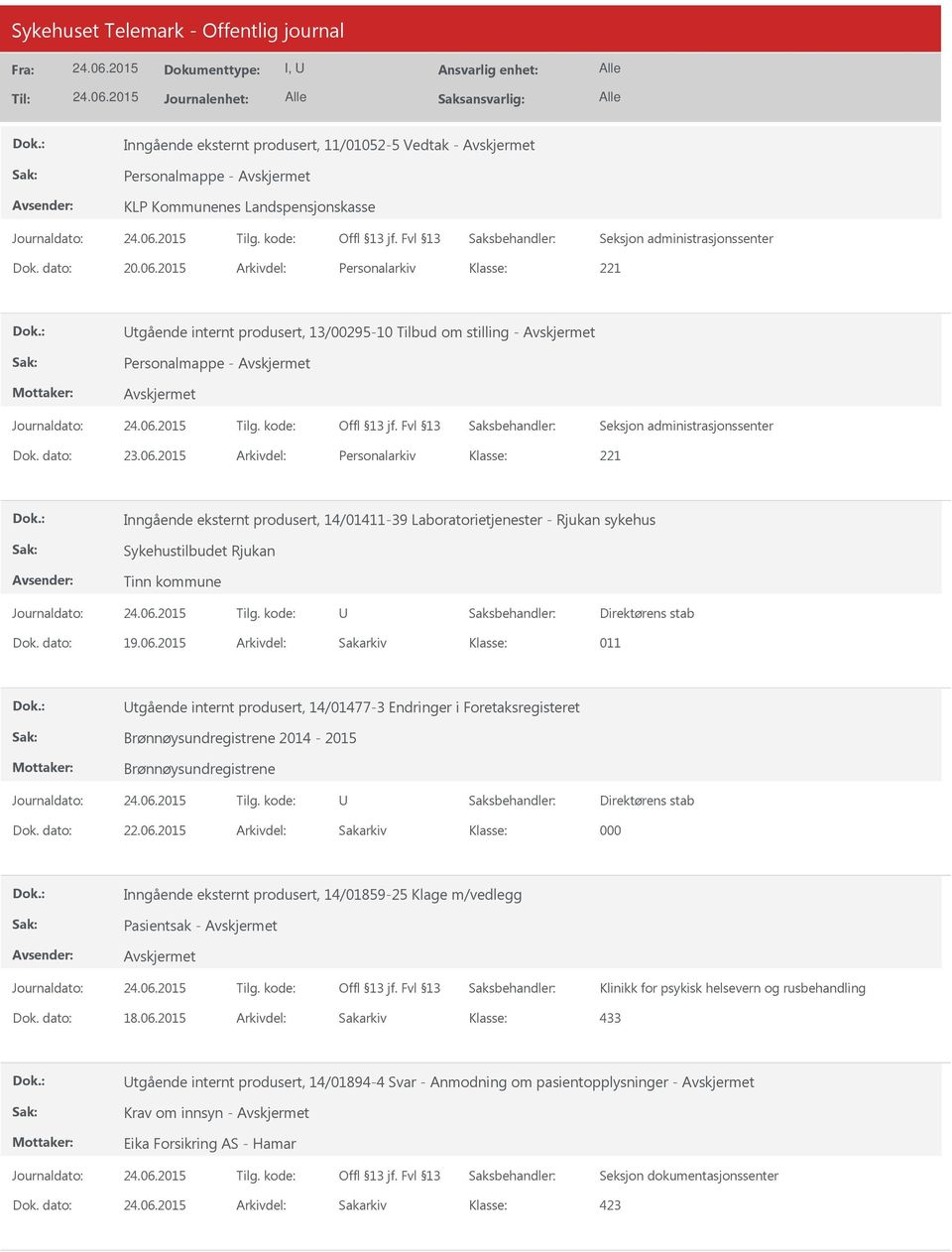 2015 Arkivdel: Personalarkiv 221 Inngående eksternt produsert, 14/01411-39 Laboratorietjenester - Rjukan sykehus Sykehustilbudet Rjukan Tinn kommune U Direktørens stab Dok. dato: 19.06.