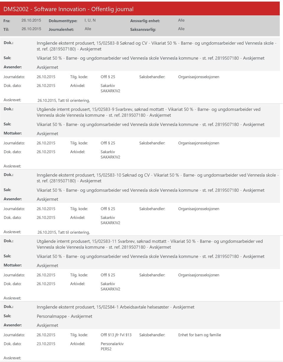 2819507180 - Offl 25, Tatt til orientering, tgående internt produsert, 15/02583-9 Svarbrev, søknad mottatt - Vikariat 50 % - Barne- og ungdomsarbeider ved Vennesla skole Vennesla kommune - st. ref.