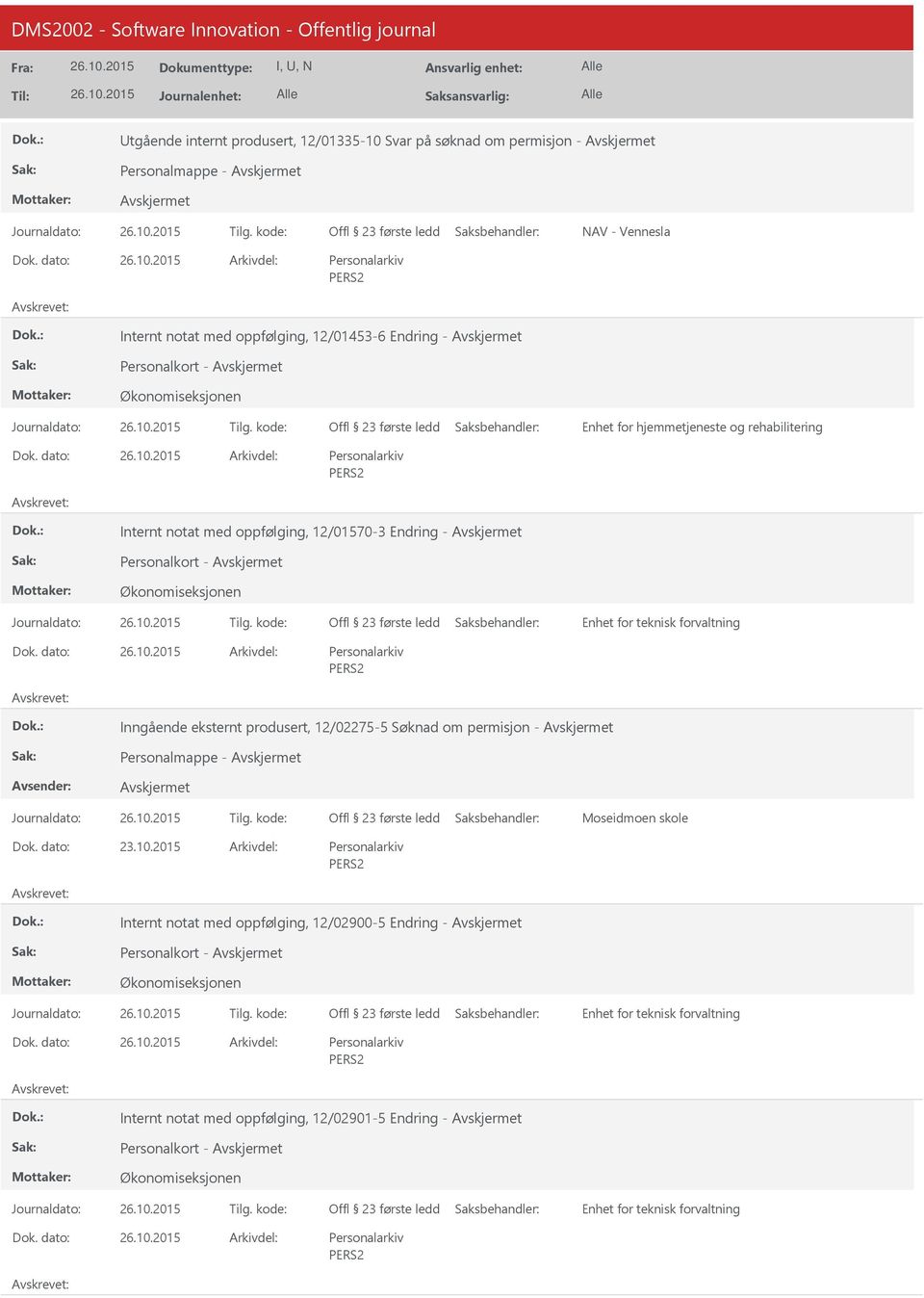 oppfølging, 12/01570-3 Endring - Inngående eksternt produsert, 12/02275-5 Søknad om permisjon - Personalmappe -