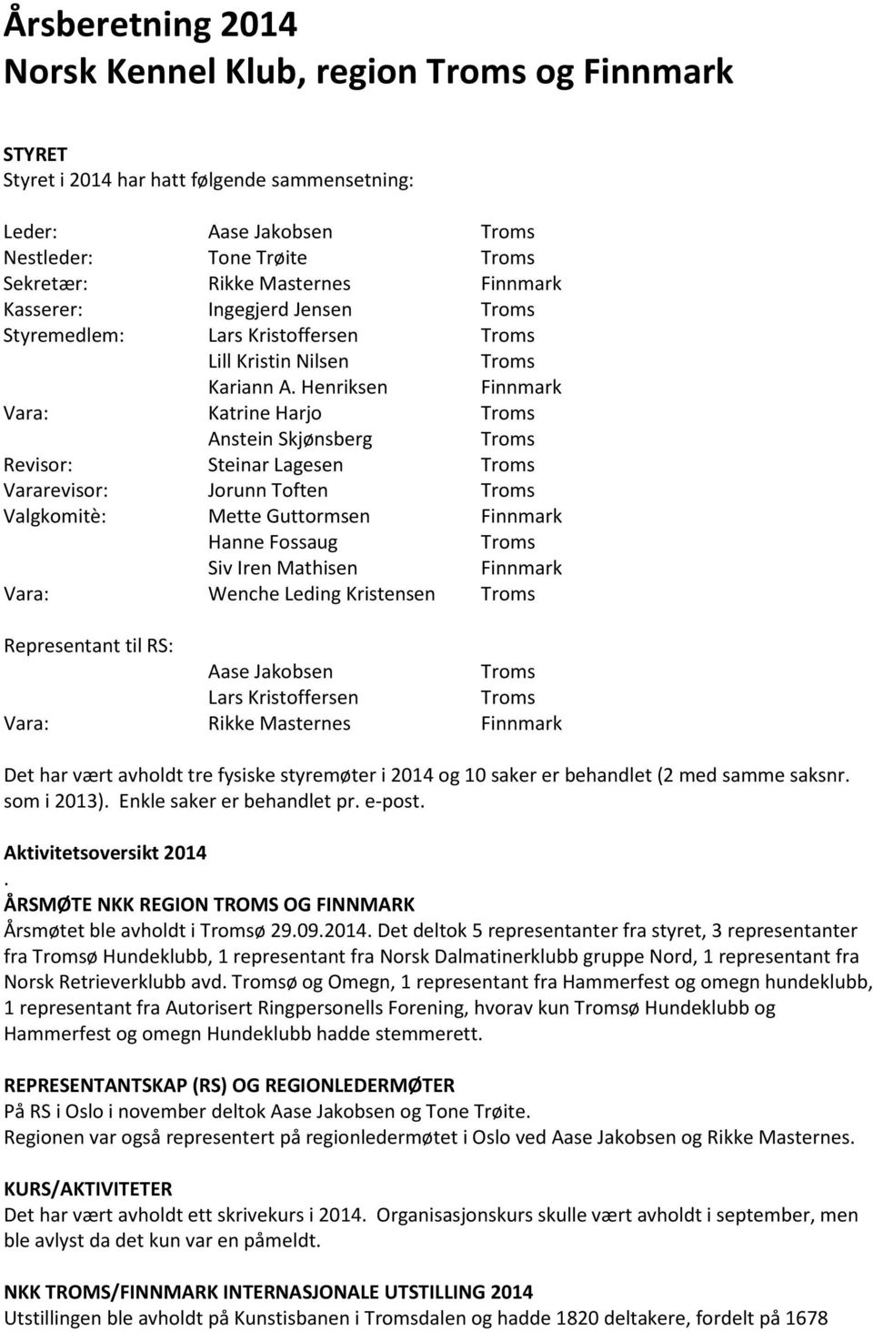 Henriksen Finnmark Vara: Katrine Harjo Troms Anstein Skjønsberg Troms Revisor: Steinar Lagesen Troms Vararevisor: Jorunn Toften Troms Valgkomitè: Mette Guttormsen Finnmark Hanne Fossaug Troms Siv