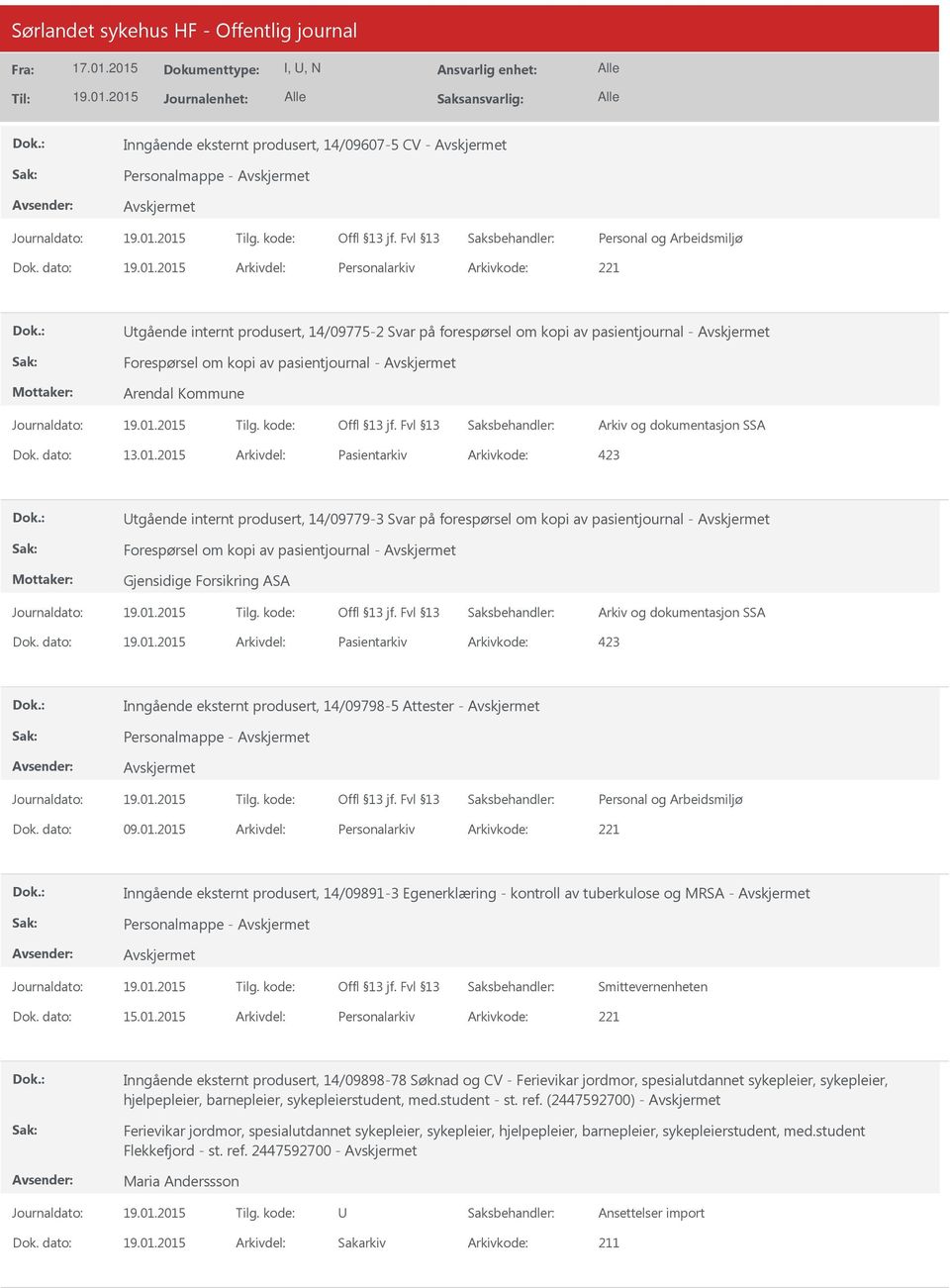 2015 Pasientarkiv 423 tgående internt produsert, 14/09779-3 Svar på forespørsel om kopi av pasientjournal - Forespørsel om kopi av pasientjournal - Gjensidige Forsikring ASA Arkiv og dokumentasjon