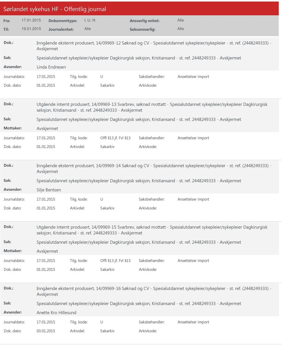 01.2015 tgående internt produsert, 14/09969-13 Svarbrev, søknad mottatt - Spesialutdannet sykepleier/sykepleier Dagkirurgisk seksjon, Kristiansand - st. ref.