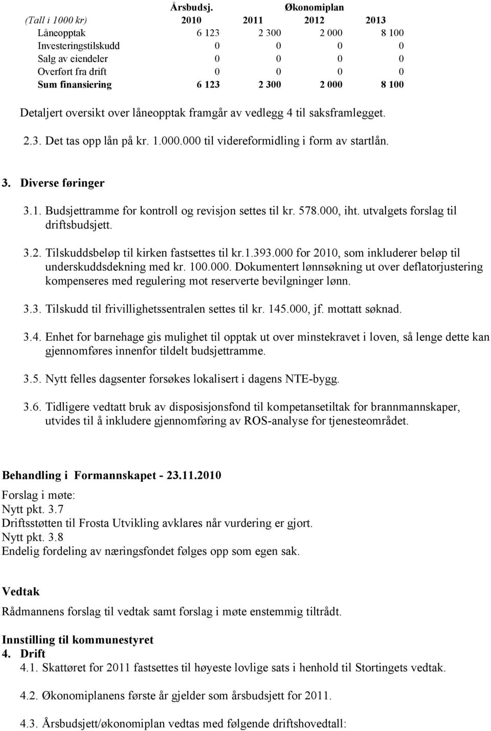 578.000, iht. utvalgets forslag til driftsbudsjett. 3.2. Tilskuddsbeløp til kirken fastsettes til kr.1.393.000 for 2010, som inkluderer beløp til underskuddsdekning med kr. 100.000. Dokumentert lønnsøkning ut over deflatorjustering kompenseres med regulering mot reserverte bevilgninger lønn.