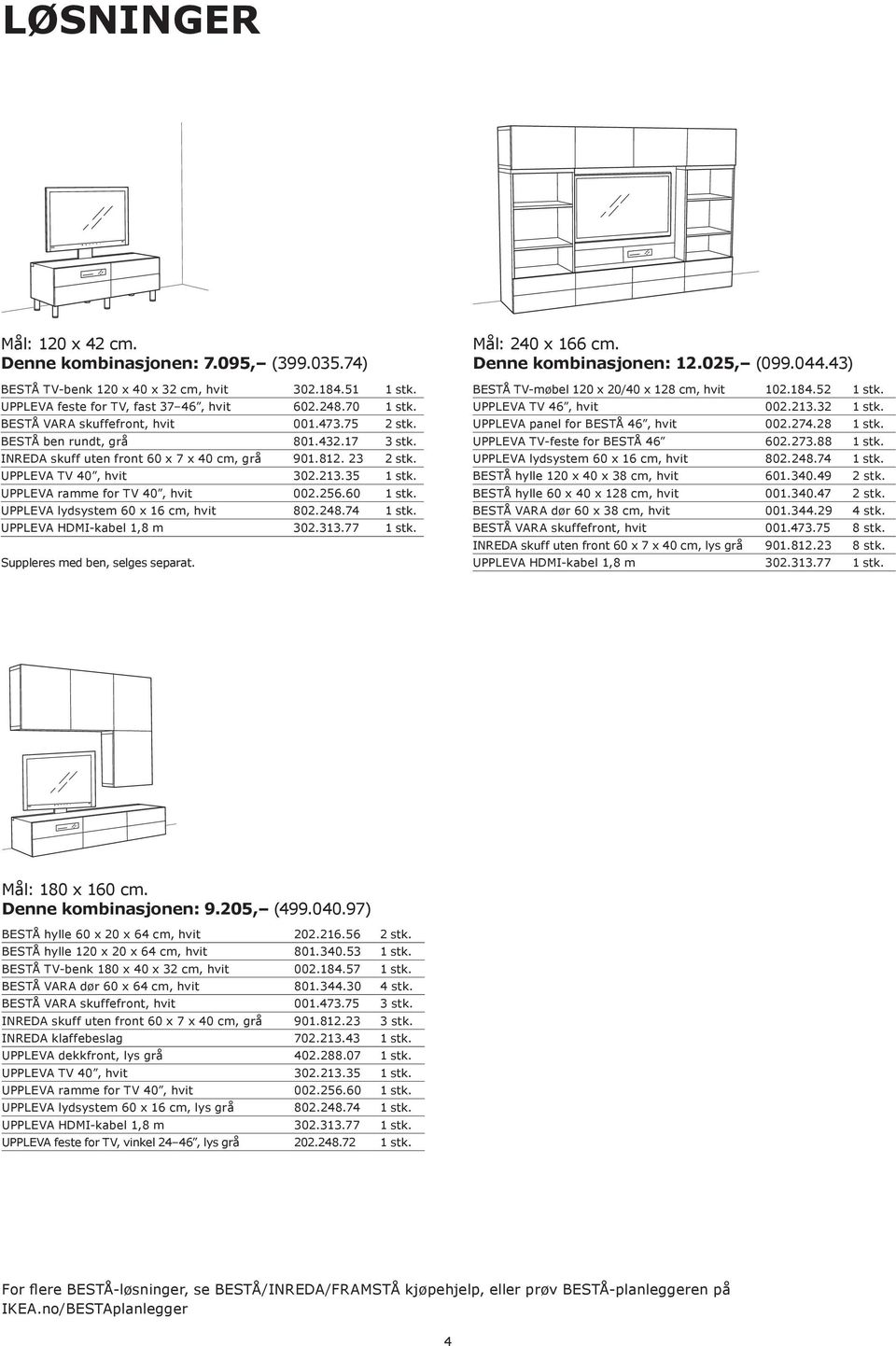 UPPLEVA ramme for TV 40, hvit 002.256.60 1 stk. UPPLEVA lydsystem 60 x 16 cm, hvit 802.248.74 1 stk. UPPLEVA HDMI-kabel 1,8 m 302.313.77 1 stk. Suppleres med ben, selges separat. Mål: 240 x 166 cm.