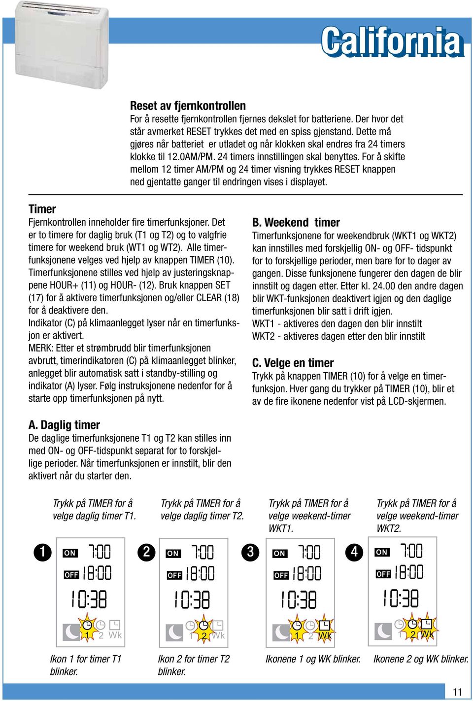 For å skifte mellom 12 timer AM/PM og 24 timer visning trykkes RE knappen ned gjentatte ganger til endringen vises i displayet. Timer Fjernkontrollen inneholder fire timerfunksjoner.