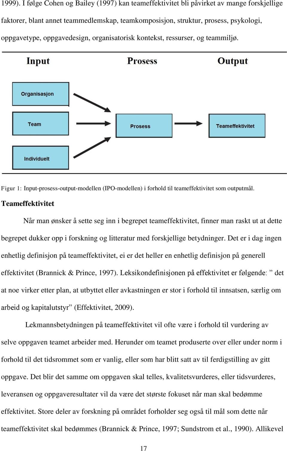 organisatorisk kontekst, ressurser, og teammiljø. Figur 1: Input-prosess-output-modellen (IPO-modellen) i forhold til teameffektivitet som outputmål.