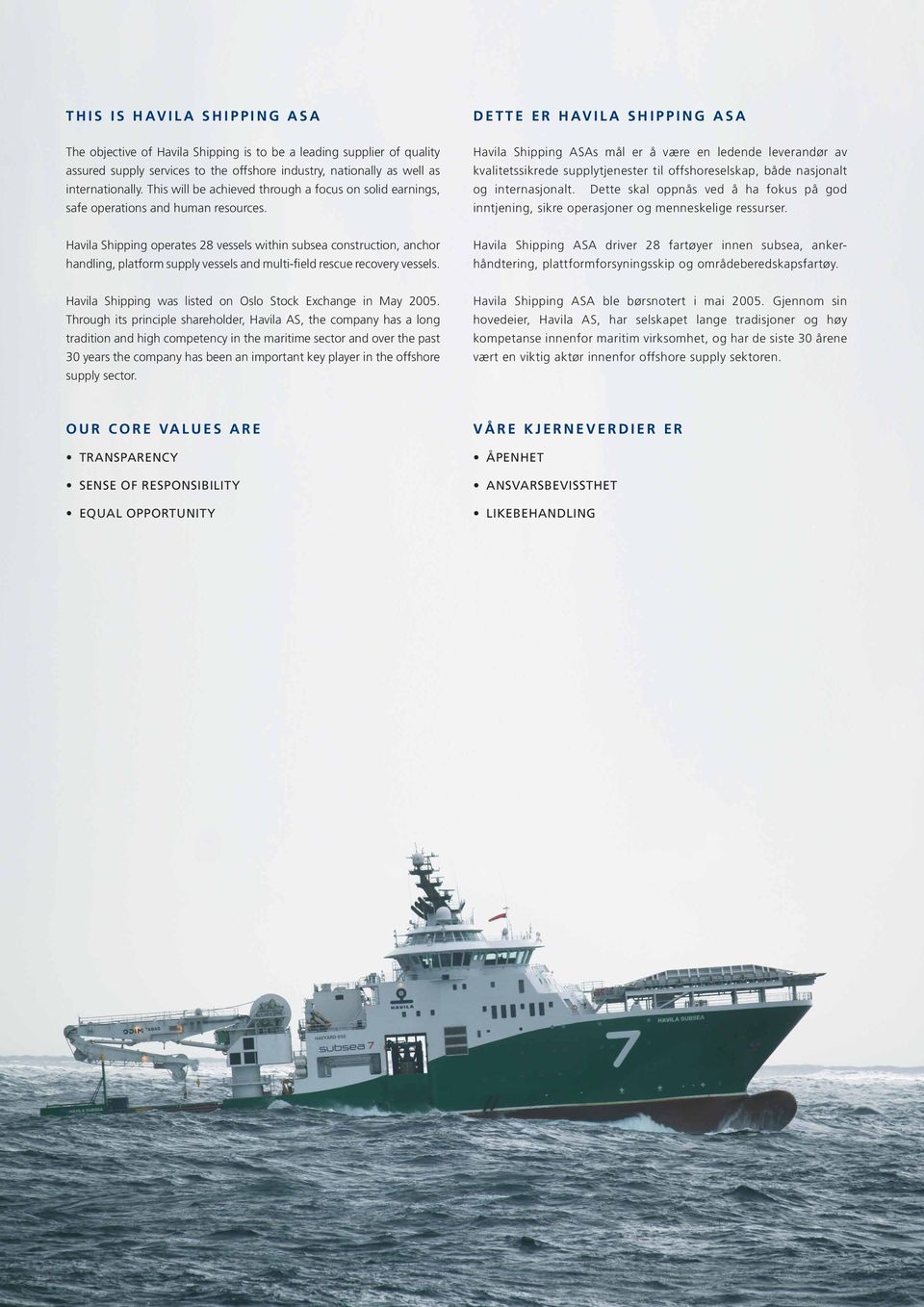 DETTE ER HAVILA SHIPPING ASA Havila Shipping ASAs mål er å være en ledende leverandør av kvalitetssikrede supplytjenester til offshoreselskap, både nasjonalt og internasjonalt.