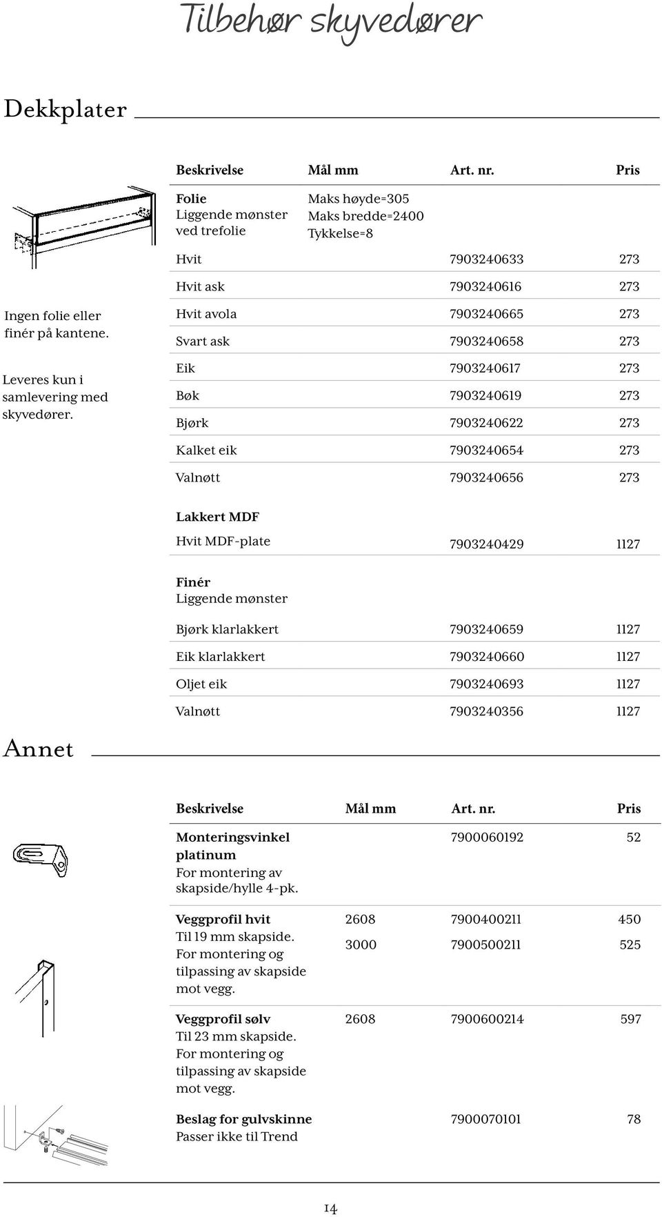 7903240619 273 Bjørk 7903240622 273 Kalket eik 7903240654 273 Valnøtt 7903240656 273 Lakkert MDF Hvit MDF-plate 7903240429 1127 Finér Liggende mønster Bjørk klarlakkert 7903240659 1127 Eik