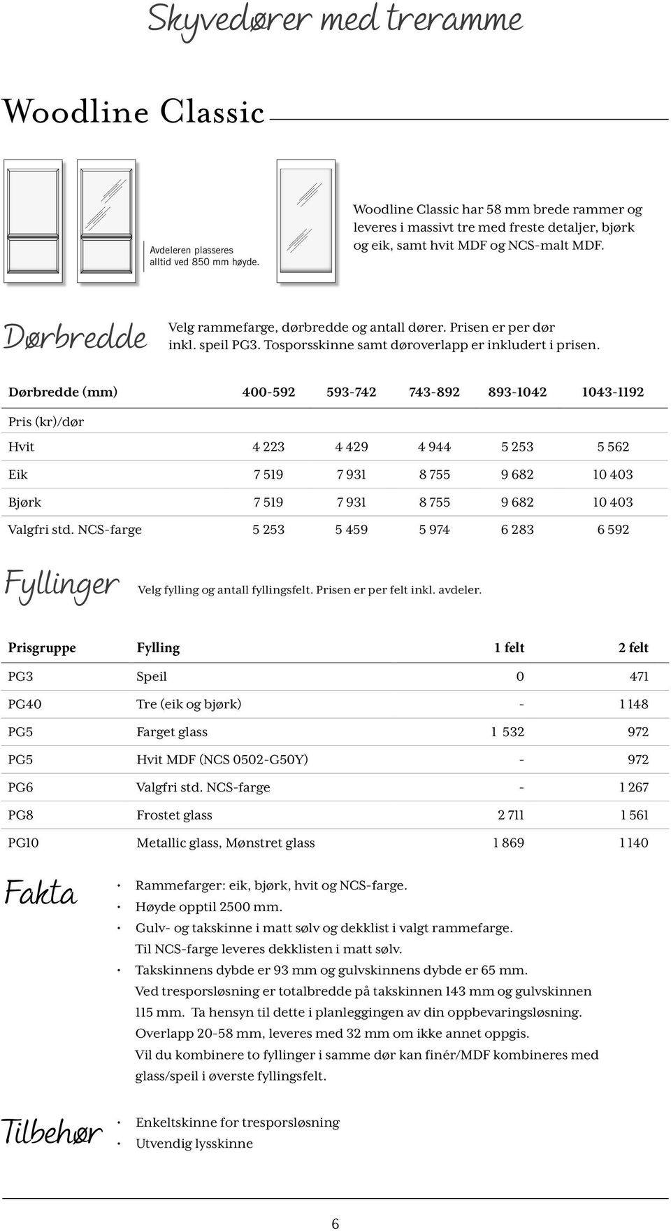 Prisen er per dør inkl. speil PG3. Tosporsskinne samt døroverlapp er inkludert i prisen.