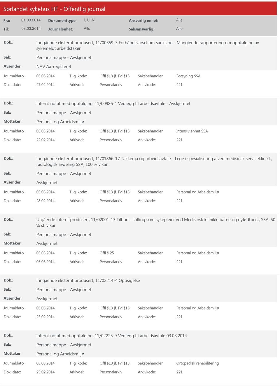 2014 Arkivdel: Personalarkiv Arkivkode: 221 Inngående eksternt produsert, 11/01866-17 Takker ja og arbeidsavtale - Lege i spesialisering a ved medisinsk serviceklinikk, radiologisk avdeling SSA, 100