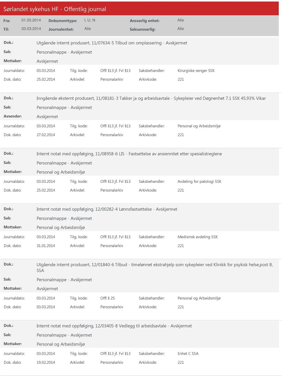 2014 Arkivdel: Personalarkiv Arkivkode: 221 Internt notat med oppfølging, 11/08958-6 LIS - Fastsettelse av ansiennitet etter spesialistreglene Avdeling for patologi SSK Dok. dato: 25.02.