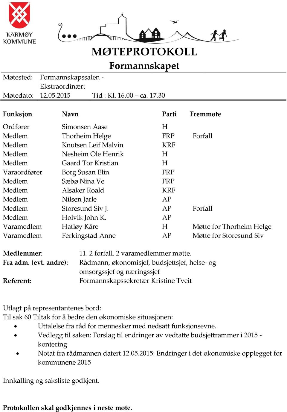 Susan Elin FRP Medlem Sæbø Nina Ve FRP Medlem Alsaker Roald KRF Medlem Nilsen Jarle AP Medlem Storesund Siv J. AP Forfall Medlem Holvik John K.