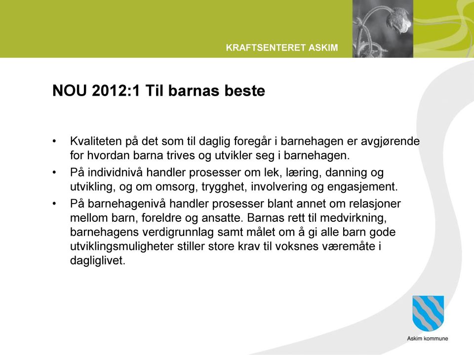 På individnivå handler prosesser om lek, læring, danning og utvikling, og om omsorg, trygghet, involvering og engasjement.