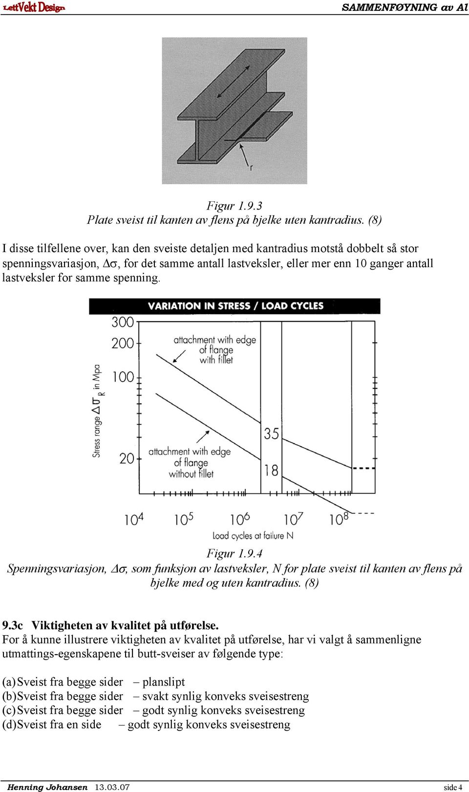 samme spenning. Figur 1.9.4 Spenningsvariasjon, Δσ, som funksjon av lastveksler, N for plate sveist til kanten av flens på bjelke med og uten kantradius. (8) 9.3c Viktigheten av kvalitet på utførelse.