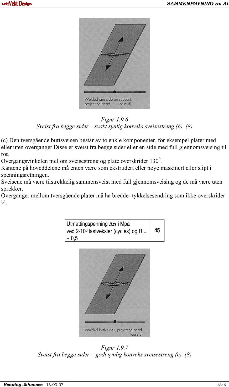 til rot. Overgangsvinkelen mellom sveisestreng og plate overskrider 130 0. Kantene på hoveddelene må enten være som ekstrudert eller nøye maskinert eller slipt i spenningsretningen.