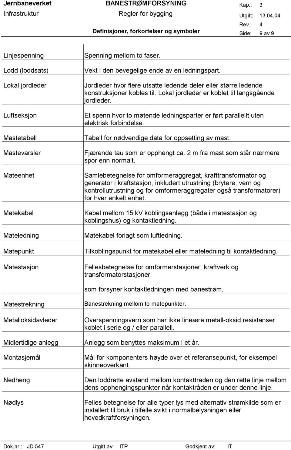 Lokal jordleder er koblet til langsgående jordleder. Et spenn hvor to møtende ledningsparter er ført parallellt uten elektrisk forbindelse. Tabell for nødvendige data for oppsetting av mast.