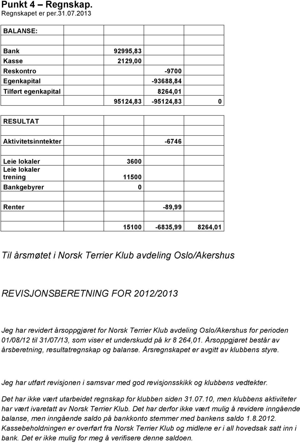 trening 11500 Bankgebyrer 0 Renter -89,99 15100-6835,99 8264,01 Til årsmøtet i Norsk Terrier Klub avdeling Oslo/Akershus REVISJONSBERETNING FOR 2012/2013 Jeg har revidert årsoppgjøret for Norsk