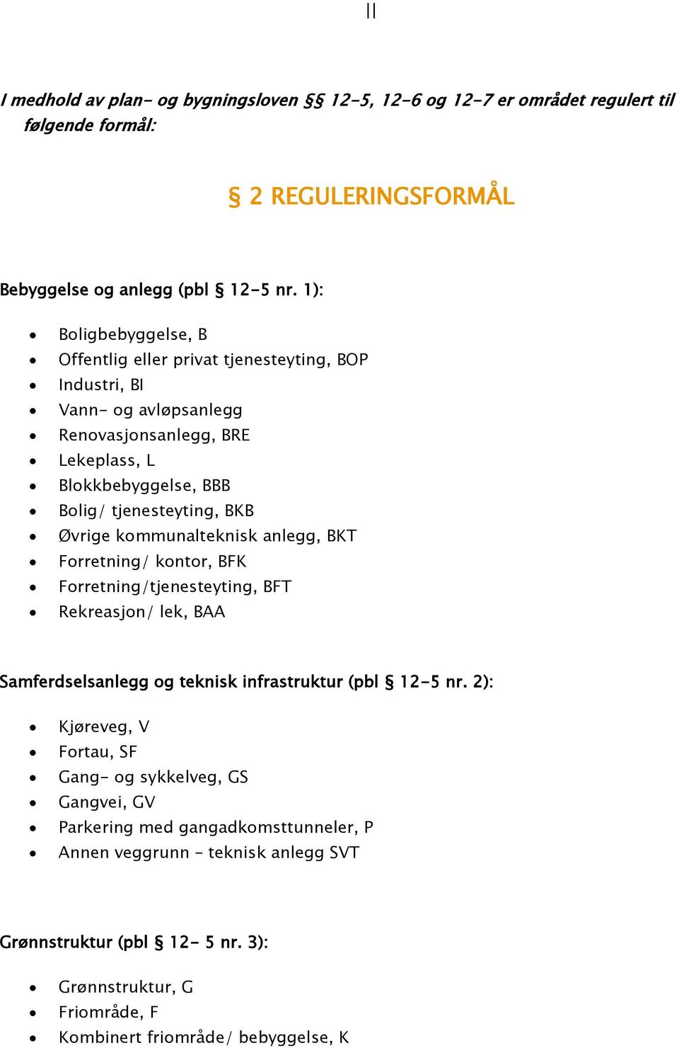 Øvrige kommunalteknisk anlegg, BKT Forretning/ kontor, BFK Forretning/tjenesteyting, BFT Rekreasjon/ lek, BAA Samferdselsanlegg og teknisk infrastruktur (pbl 12-5 nr.