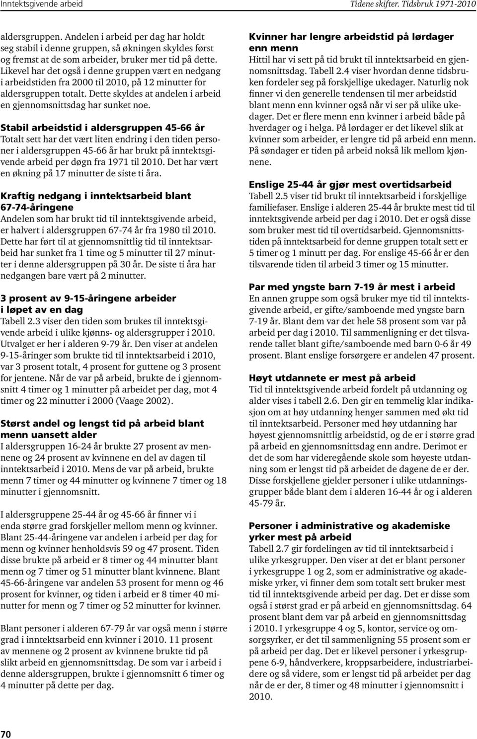 Stabil arbeidstid i aldersgruppen 45-66 Totalt sett har det vært liten endring i den tiden personer i aldersgruppen 45-66 har brukt på inntektsgivende arbeid per døgn fra 1971 til 2010.