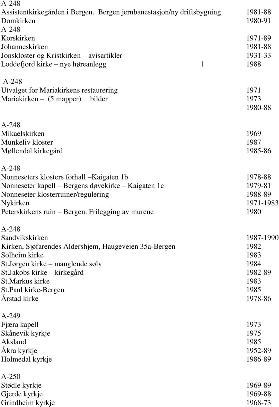 Utvalget for Mariakirkens restaurering 1971 Mariakirken (5 mapper) bilder 1973 1980-88 Mikaelskirken 1969 Munkeliv kloster 1987 Møllendal kirkegård 1985-86 Nonneseters klosters forhall Kaigaten 1b