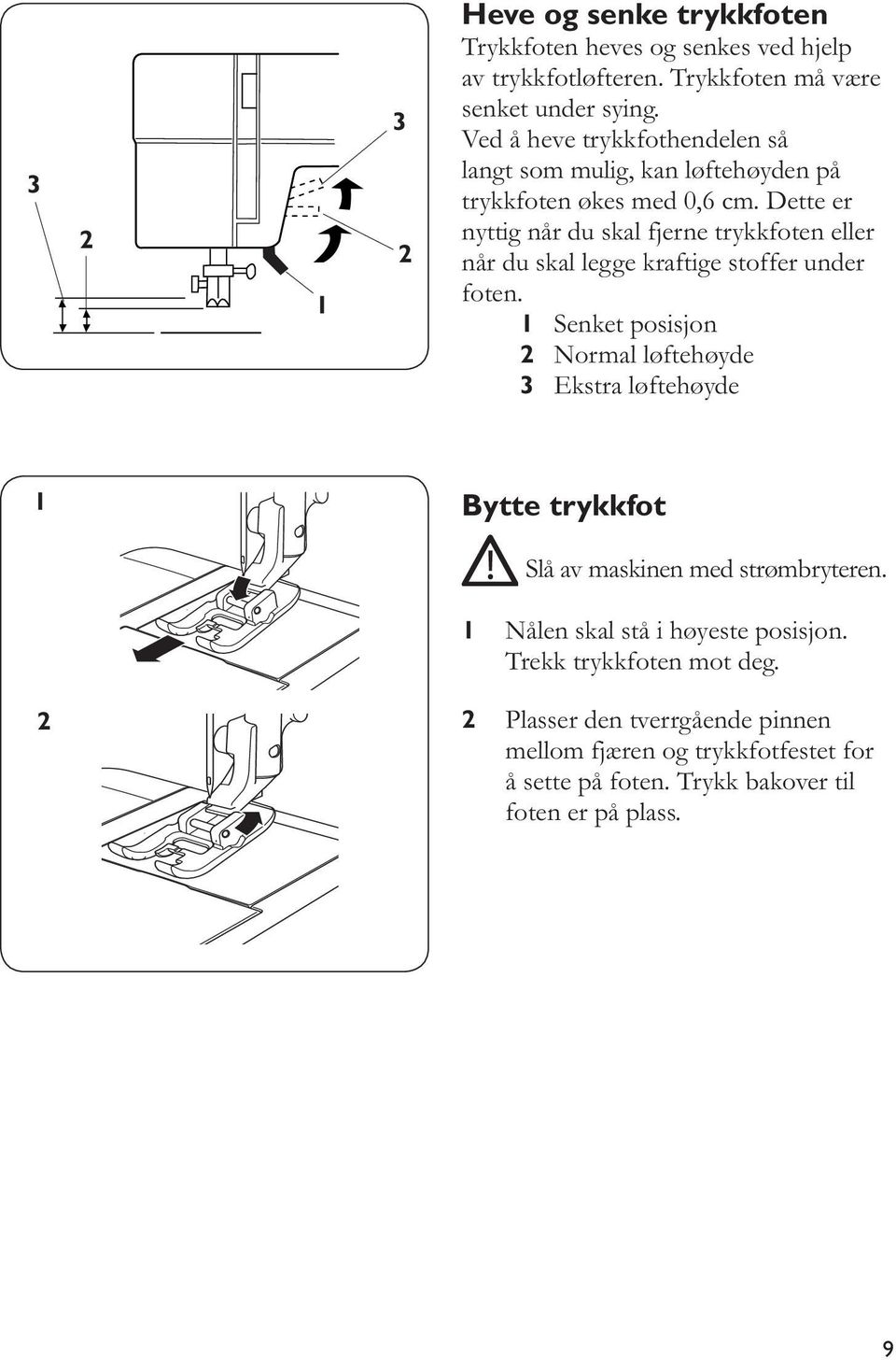 Dette er nyttig når du skal fjerne trykkfoten eller når du skal legge kraftige stoffer under foten.