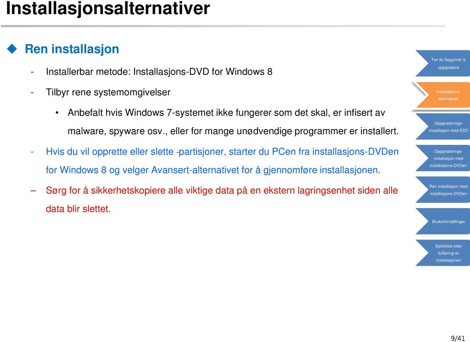 - Hvis du vil opprette eller slette partisjoner, starter du PCen fra for Windows 8 og velger Avansert-alternativet for å