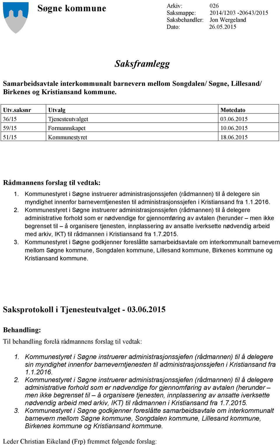 2015 59/15 Formannskapet 10.06.2015 51/15 Kommunestyret 18.06.2015 Rådmannens forslag til vedtak: 1.