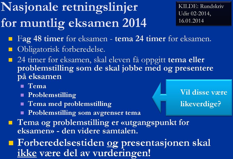 24 timer før eksamen, skal eleven få oppgitt tema eller problemstilling som de skal jobbe med og presentere på eksamen Tema