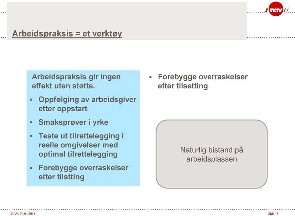 i reelle omgivelser med optimal tilrettelegging Forebygge overraskelser etter