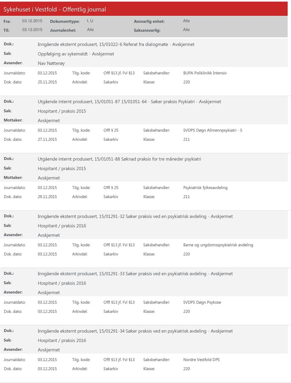 2015 Arkivdel: Sakarkiv Utgående internt produsert, 15/01051-88 Søknad praksis for tre måneder psykiatri Hospitant / praksis 2015 Psykiatrisk fylkesavdeling Dok. dato: 29.11.