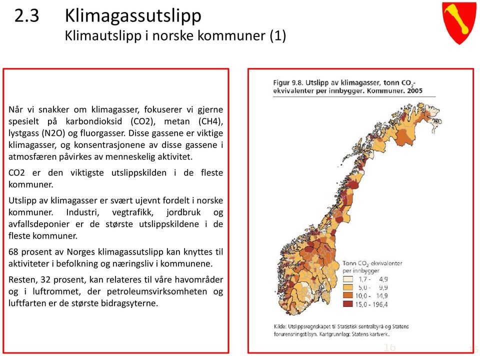 Utslipp av klimagasser er svært ujevnt fordelt i norske kommuner. Industri, vegtrafikk, jordbruk og avfallsdeponier er de største utslippskildene i de fleste kommuner.