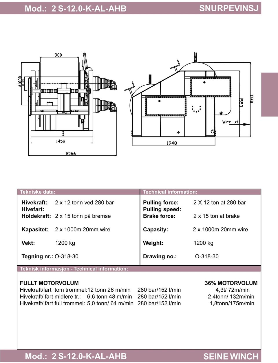 brake 2 x 1000m 20mm wire 2 x 1000m 20mm wire 1200 kg 1200 kg Tegning nr.