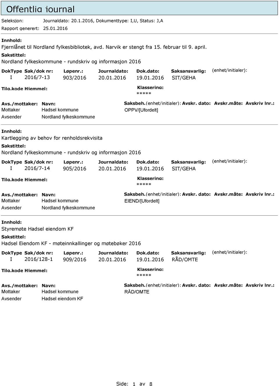 : OPPV/[Ufordelt] Avsender Nordland fylkeskommune nnhold: Kartlegging av behov for renholdsrekvisita Nordland fylkeskommune - rundskriv og informasjon 2016 2016/7-14 905/2016 ST/GEHA Avs.