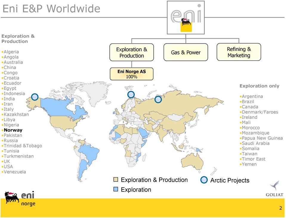 Production Eni Norge AS 100% Exploration Gas & Power Exploration & Production Refining & Marketing Arctic Projects Exploration