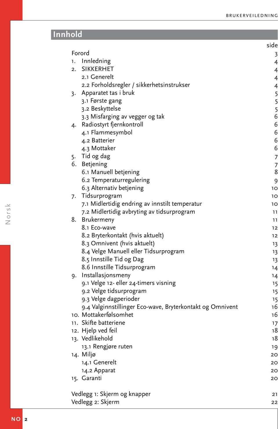 3 Alternativ betjening 10 7. Tidsurprogram 10 7.1 Midlertidig endring av innstilt temperatur 10 7.2 Midlertidig avbryting av tidsurprogram 11 8. Brukermeny 11 8.1 Eco-wave 12 8.