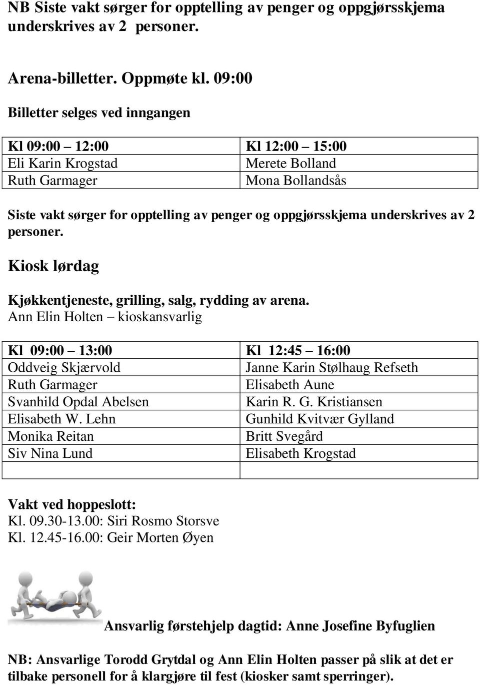 underskrives av 2 personer. Kiosk lørdag Kjøkkentjeneste, grilling, salg, rydding av arena.