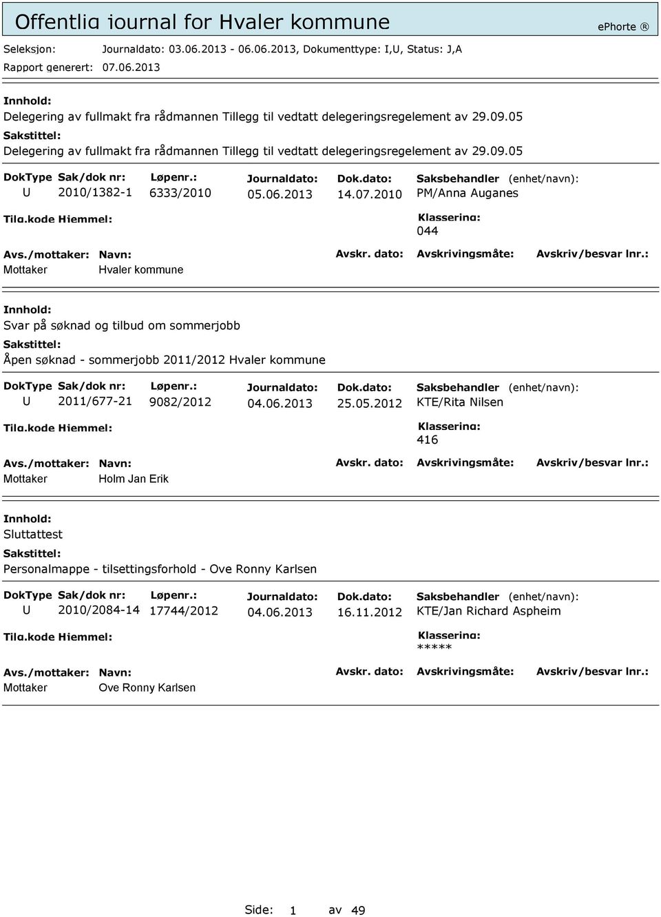 2010 PM/Anna Auganes 044 Mottaker Hvaler kommune Svar på søknad og tilbud om sommerjobb Åpen søknad - sommerjobb 2011/2012 Hvaler kommune 2011/677-21 9082/2012 25.