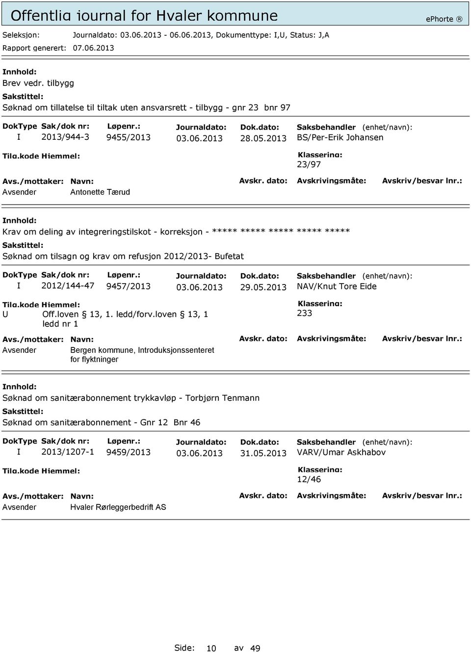 refusjon 2012/2013- Bufetat 2012/144-47 9457/2013 29.05.2013 NAV/Knut Tore Eide Tilg.kode Hjemmel: Off.loven 13, 1. ledd/forv.