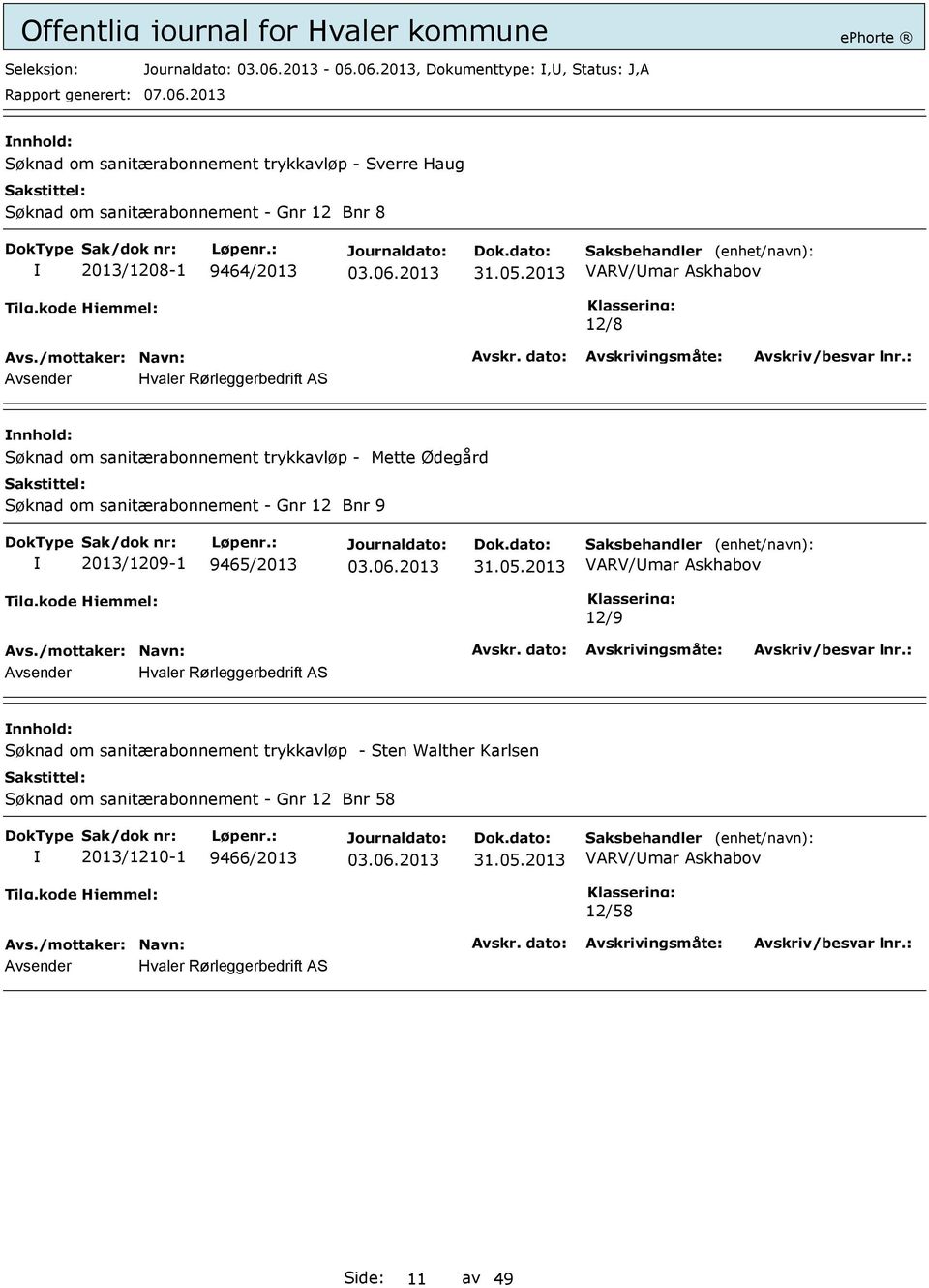 sanitærabonnement - Gnr 12 Bnr 9 2013/1209-1 9465/2013 VARV/mar Askhabov 12/9 Søknad om sanitærabonnement trykkavløp -