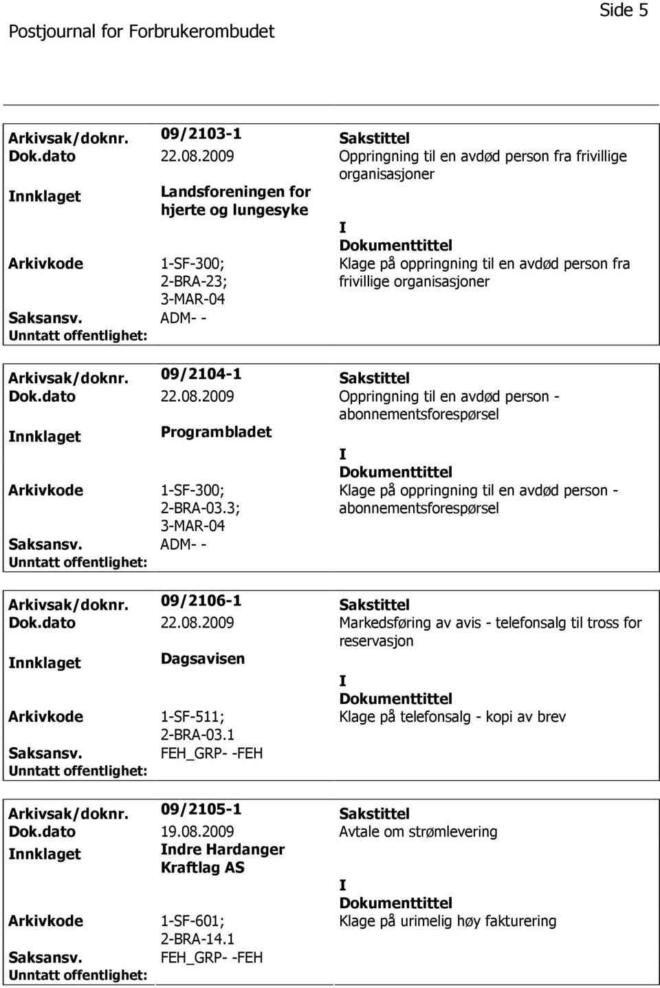 frivillige organisasjoner Arkivsak/doknr. 09/2104-1 Sakstittel Dok.dato 22.08.2009 Oppringning til en avdød person - abonnementsforespørsel nnklaget Programbladet 1-SF-300; 2-BRA-03.