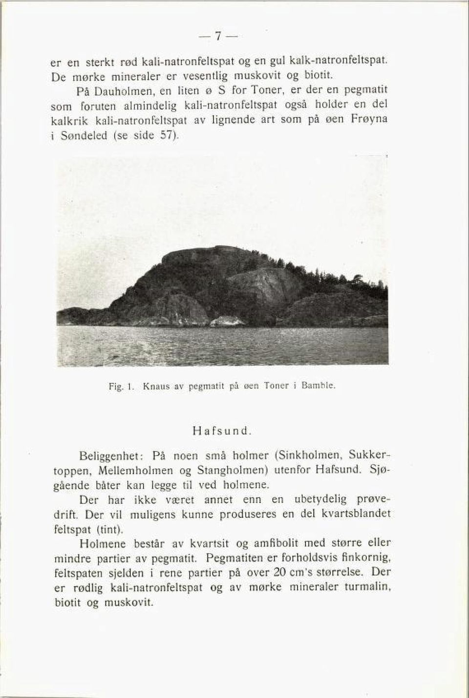 side 57). Fig. 1, Knaus av pegmatit på øen Toner i Bamble H afsund. Beliggenhet: På noen små holmer (Sinkholmen, Sukker toppen, Mellemholmen og Stangholmen) utenfor Hafsund.