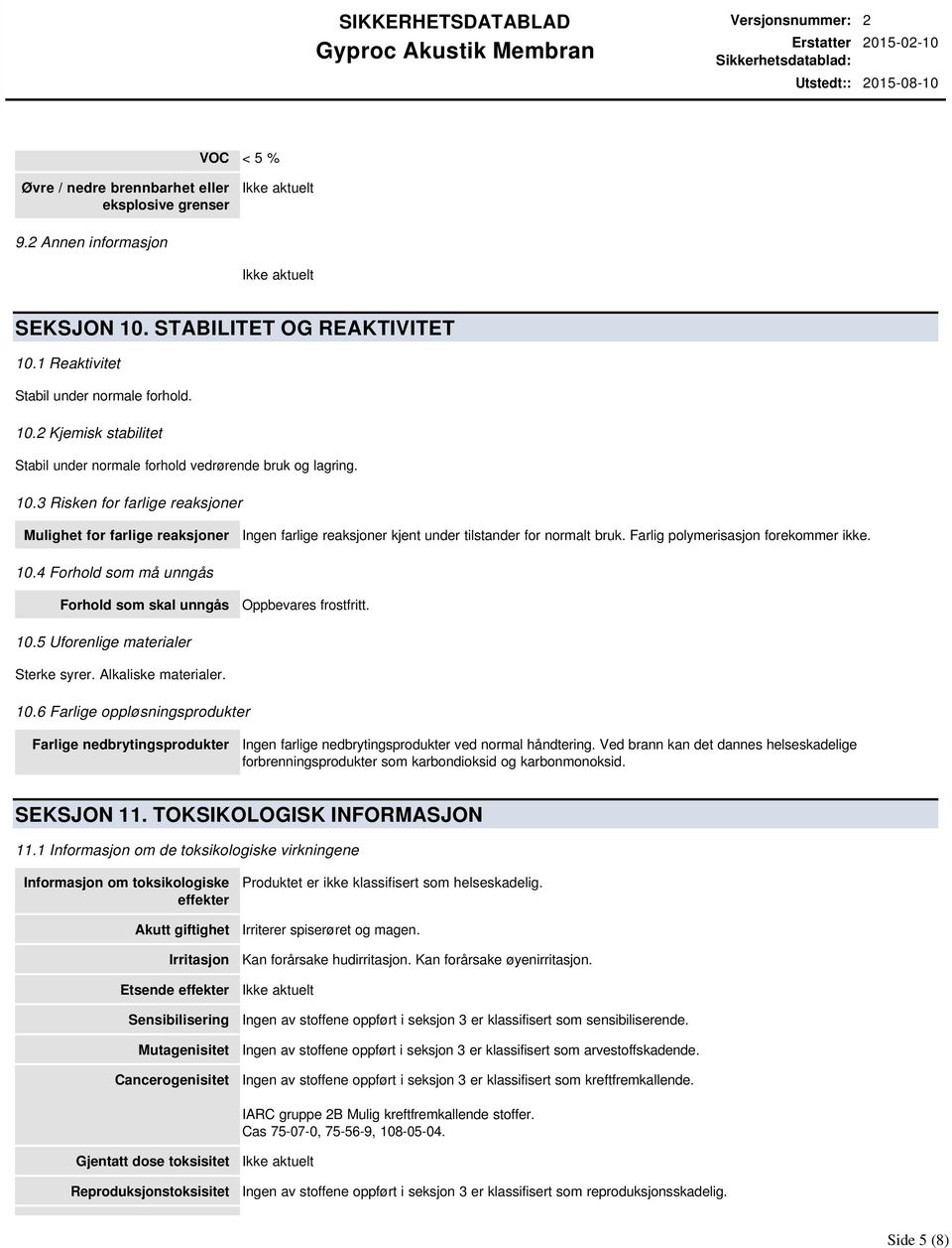 Farlig polymerisasjon forekommer ikke. 10.4 Forhold som må unngås Forhold som skal unngås Oppbevares frostfritt. 10.5 Uforenlige materialer Sterke syrer. Alkaliske materialer. 10.6 Farlige oppløsningsprodukter Farlige nedbrytingsprodukter Ingen farlige nedbrytingsprodukter ved normal håndtering.