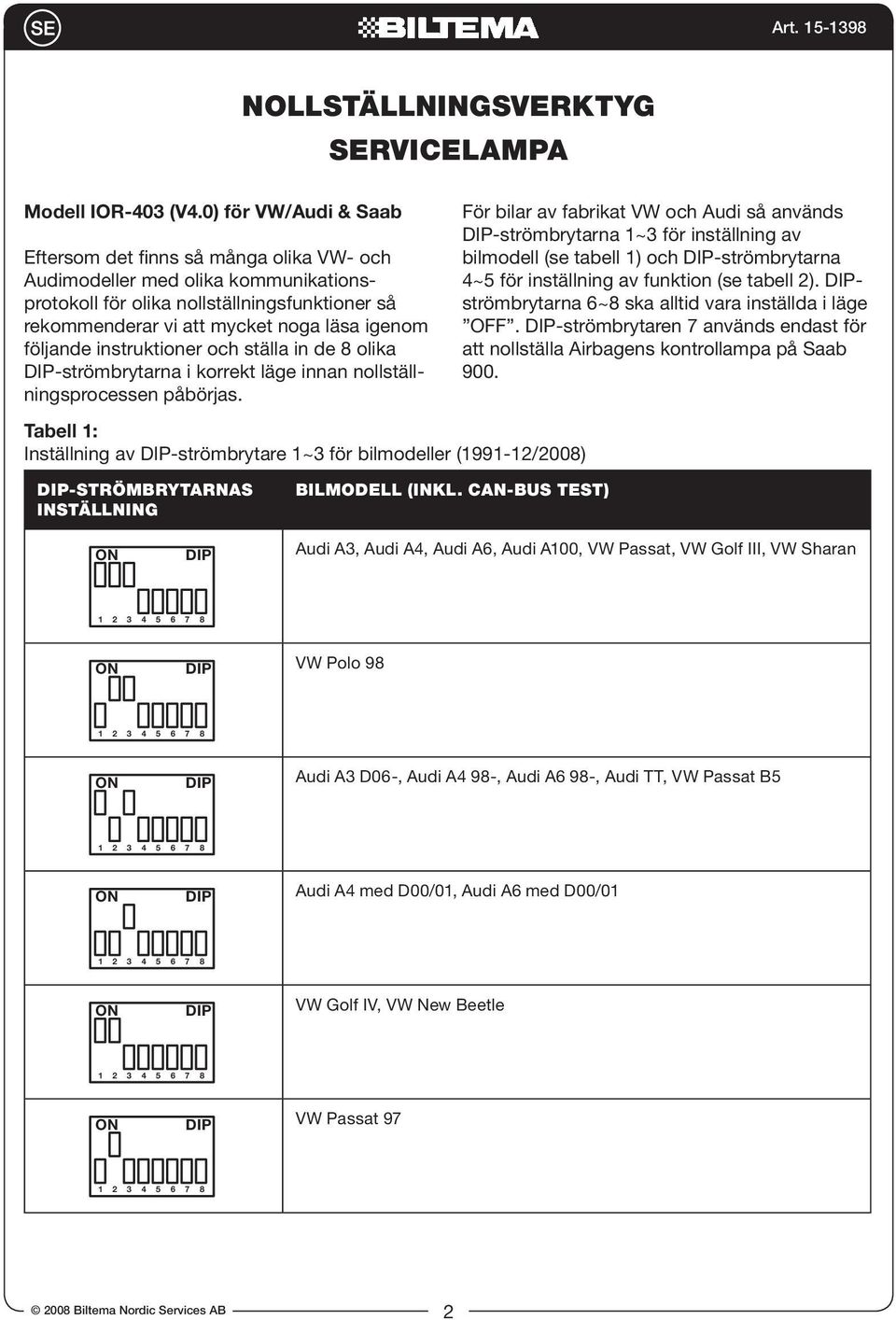 följande instruktioner och ställa in de 8 olika DIP-strömbrytarna i korrekt läge innan nollställningsprocessen påbörjas.